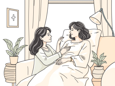 woman in a hospital bed being comforted by a seated friend, symbolizing support and emotional connection during recovery.