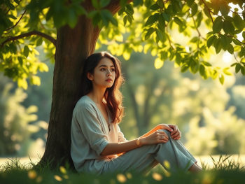 Woman sitting peacefully under a tree in soft sunlight – self care global anxiety
